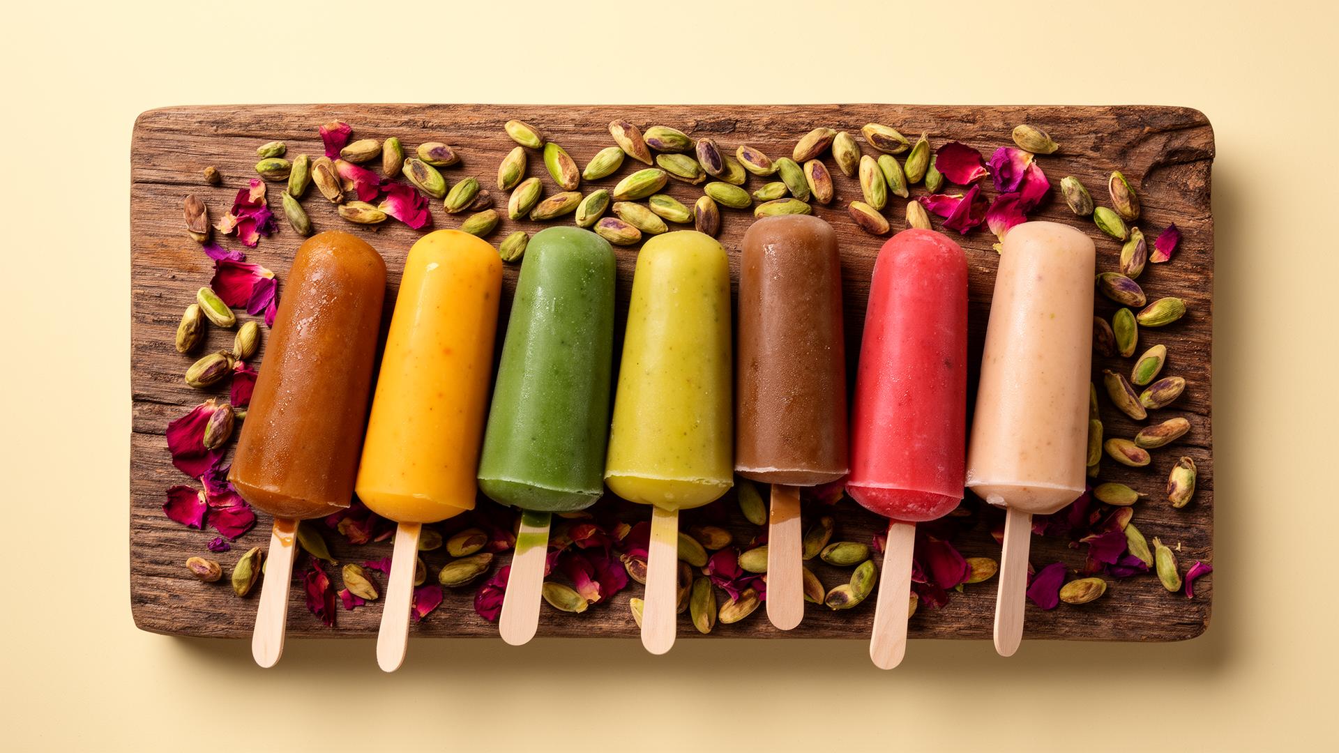 A wooden board of colorful kulfi popsicles
